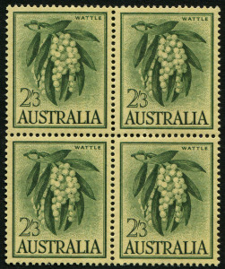 Australia: Other Pre-Decimals: Australia: 1959-64 (SG.324a) 2/3d Wattle on yellow paper, variety "Oblique line through right side of first 'T' of 'WATTLE' - 2nd retouch - Thin 'T'", being the upper-left unit in a block of 4, MUH, BW:368fb - Cat, $80+.