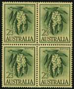 Australia: Other Pre-Decimals: Australia: 1959-64 (SG.324a) 2/3d Wattle on yellow paper, variety "Oblique line through right side of first 'T' of 'WATTLE' - 2nd retouch - Thin 'T'", being the upper-left unit in a block of 4, MUH, BW:368fb - Cat, $80+.