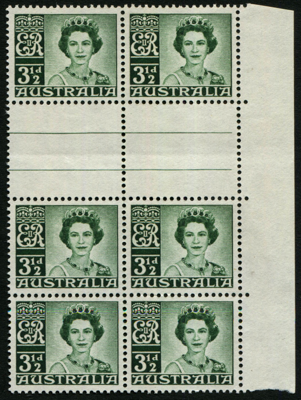 Australia: Other Pre-Decimals: Australia: 1959-60 (SG.312) 3½d Dark Green QEII inter-pane block of 6, right side centre unit with variety "Re-entry to 'E' of 'EIIR' and to left frame", fresh MLH with the variety unit MUH, BW:352d - Cat $50+.