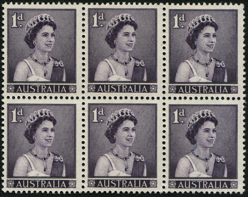 Australia: Other Pre-Decimals: Australia 1959-66 1d Slate-Purple Queen Elizabeth II variety "Re-entry through 'ALIA' and corner ornament" being the upper-right unit of a block of 6, fine mint with the variety unit MUH, BW:347h - Cat. $40+.