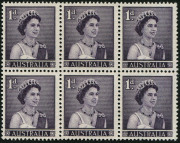 Australia: Other Pre-Decimals: Australia 1959-66 1d Slate-Purple Queen Elizabeth II variety "Re-entry through 'ALIA' and corner ornament" being the upper-right unit of a block of 6, fine mint with the variety unit MUH, BW:347h - Cat. $40+.