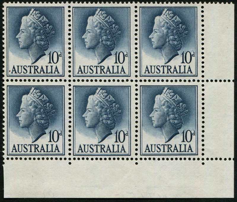 Australia: Other Pre-Decimals: Australia: 1957-66 (SG.282c) 10d QE11 bottom right corner block of 6 (Sheet B) with partial 'CENTRE OF WORK' engraving in lower selvedge, fresh MUH, BW:322z - Cat $120 (as a strip of 3, see BW footnote page 8/60).