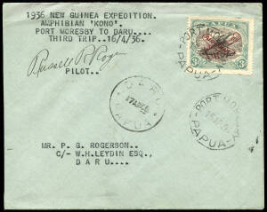 16 Apr.1936 (AAMC.P100) Port Moresby - Daru cover, flown by Rogers & Archbold for the Second Archbold Expedition in a Fairchild NR777 Amphibian "Kono". Signed by the pilot, Russell Rogers.