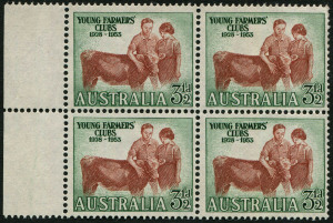 Australia: Other Pre-Decimals: Australia: 1953 (SG.267) 3½d Young Farmers, marginal block of 4, upper right unit with variety "7-shaped flaw under '3' of '1953'", MUH, Cat $50+.