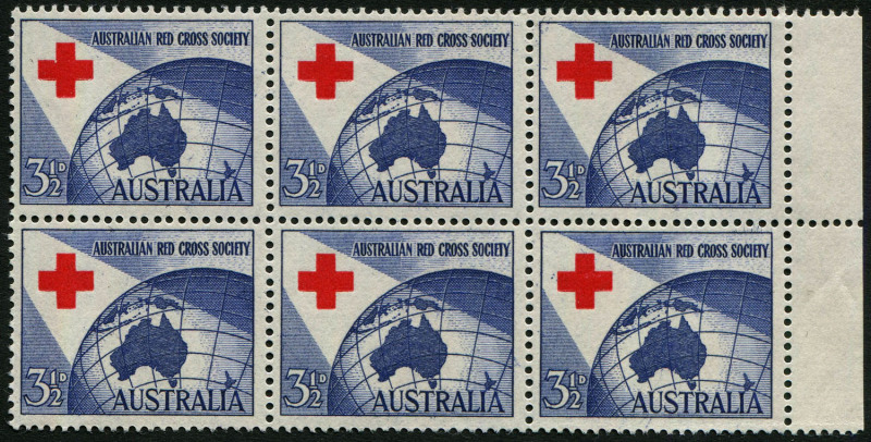 Australia: Other Pre-Decimals: Australia: 1954 (SG.276) 3½d Red Cross variety "White nick in upper left angle of cross" being the upper-left unit in a marginal block of 6 (3x2), fresh MUH, Cat $40+.