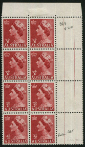 Australia: Other Pre-Decimals: Australia: 1953-59 (SG.262a) No Watermark 3½d Carmine-Red QEII marginal block of 8, lower-left unit with variety "Roller shift to left frame", stamps MUH, BW:297f - Cat $40+.
