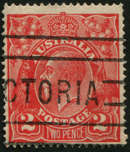 Australia: KGV Heads - Single Watermark: 1918-23 (SG.63) Single Wmk. 2d Red variety "Diagonal white flaw through 'TWO'" [12R27], used, BW:96(12)j - Cat $35.