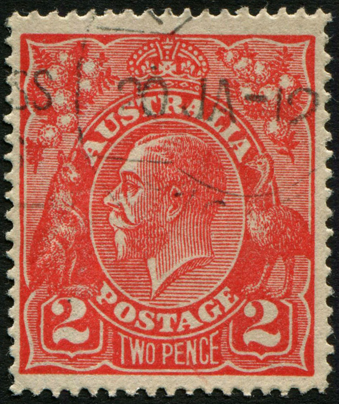 Australia: KGV Heads - Single Watermark: 1918-23 (SG.63) Single Wmk. 2d Red variety "Broken top to crown" [11R22], fine used, BW:96(11)j - Cat $35.