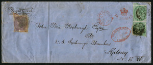 GREAT BRITAIN - Postal History: Great Britain to New South Wales: 1858 (Dec 12) inwards registered cover from England addressed to Exchange Chambers, Sydney with GB Emblems 1/- SG.72 vertical pair (lower unit defective) & 6d SG.70 tied by diamond-numeral '24' cancels, '(Crown)/REGISTERED' handstamp and Lombard-Street datestamp in red alongside the 1/- pair, SYDNEY 'FE10/1859' arrival backstamp. Cat.£1000+.