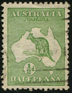 Australia: Kangaroos First Wmk. ½d Green variety "ROSTAGE" [2L12], fine used, BW:1(2)e, Cat. $50.