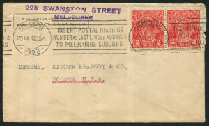 Australia: KGV Heads - Single Watermark:1918-23 (SG.63) KGV Heads Single Wmk. 2d red pair tied by MELBOURNE slogan cancel on 1923 (Mar.20) cover to USA, left-hand unit with variety "Bottom frame broken under 'P' of 'PENCE'" [16L9] BW:96(16)g.