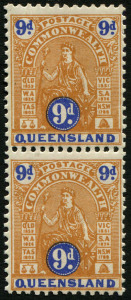 QUEENSLAND: 1903-05 (SG.266) 9d brown and ultramarine perf.12½ Type B vertical pair, fresh MUH, Cat £80++.
