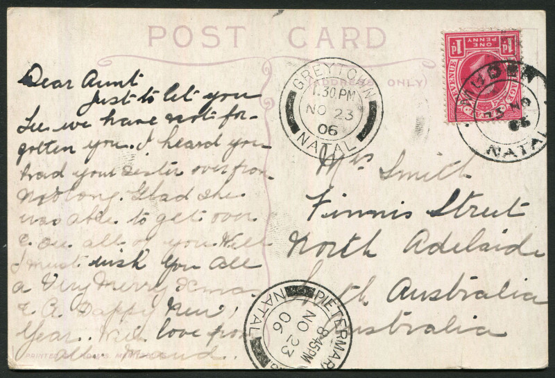 SOUTH AFRICA - Postal History: Natal: 1903 (Nov. 23) PPC showing "Baynes Drift, Umgeni River" sent to Adelaide, South Australia with KEVII 1d tied by MUDEN datestamp, GREYTOWN & PIETERMARITZBURG transit datestamps, fine condition.