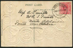 SOUTH AFRICA - Postal History: South Africa (Transvaal): 1906 (Mar.5) use of 'Souvenir of South Africa' PPC showing South African coinage and British flag, sent to South Australia with Transvaal KEVII 1d tied by LUIPAARDSVLEI datestamp, fine condition.