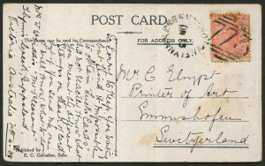 VICTORIA - Postmarks: 1908 (Nov. 4) PPC to Switzerland with QV 1d pink tied by BN '773' cancel (Rated 'SS') with FLYNN'S CREEK/VICTORIA datestamp alongside (Rated 2R), view side shows "Post Office, Sale".