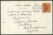 VICTORIA - Postal History: 1903 (June 28) PPC to England showing 'Exhibition Buildings, Melbourne, Australia' with QV 1&frac12;d tied by ST KILDA RY STN 'MC/24' duplex. Fine condition.
