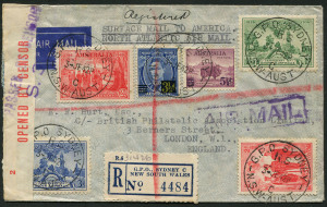Australia: Postal History: 1942 (June 3) registered cover to England endorsed "SURFACE MAIL TO AMERICA/NORTH ATLANTIC AIR MAIL" with 2/4d franking including 1/- SA Centenary and 5½d on 5d Ram, tied by GPO SYDNEY datestamp, censor tape and handstamp, fine condition.