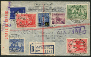 Australia: Postal History: 1942 (June 3) registered cover to England endorsed "SURFACE MAIL TO AMERICA/NORTH ATLANTIC AIR MAIL" with 2/4d franking including 1/- SA Centenary and 5½d on 5d Ram, tied by GPO SYDNEY datestamp, censor tape and handstamp, fine 