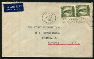 Australia: Other Pre-Decimals: Australia: 1954 usage of 1/- Lyrebird pair on airmail cover to USA, stamp tied by ALBANY W.A. slogan cancel. Fine condition.