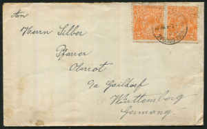 Australia: Postal History: 1921 (May 4) cover to Germany with KGV 2d Orange pair tied by PORT DOUGLAS (Qld) datestamp.