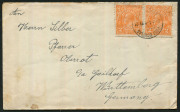 Australia: Postal History: 1921 (May 4) cover to Germany with KGV 2d Orange pair tied by PORT DOUGLAS (Qld) datestamp.