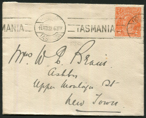 Australia: Postal History: 1922 (Feb.11) Corporation of Hobart cover to New Town (Tas) with KGV 2d Orange tied by HOBART machine cancel.