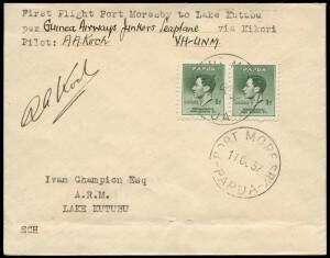 11 Oct.1937 (AAMC.P117) Port Moresby - Lake Kutubu cover, flown and signed by Aubury Koch for Guinea Airways in a Junkers W34. This was a delivery flight to the police camp then under construction at Lake Kutubu. [17 flown].