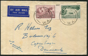 Australia: Postal History: 1937 (May 5) airmail rate cover to Denmark with No Wmk 1/6d Hermes & 3d Airmail tied by PERTH datestamps, routed by air via Singapore and France to London, then by surface mail to destination.