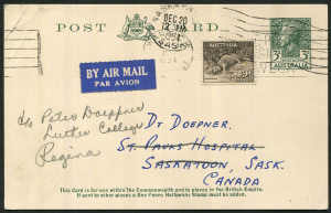 Australia: Postal History: 1954 (Dec 3) use of KGVI 3d Postal Card uprated with 9d Platypus to pay airmail postcard rate from Warwick (Qld) to Canada, Saskatoon arrival datestamp. Scarce usage.