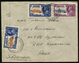 Somaliland Protectorate: 1935 (Nov.3) cover to RAF KHORMAKSAR Aden, with Silver Jubilee 1r & 3a (2) tied by BERBERA datestamps, KHORMAKSAR '28NOV35' arrival backstamp. Stamps Cat.£70 x 6.