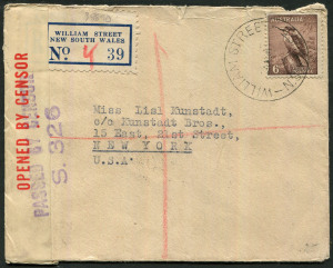 Australia: Postal History: 1941 (Aug. 4) small registered cover to USA with scarce solo franking of 6d Small Kooka perf.13½x14 (BW: 202) tied by WILLIAM STREET (Sydney) datestamp, censor handstamp & tape, arrival backstamp, part of the flap missing.
