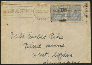 Australia: Postal History: 1922 (Dec.7) cover to Singapore with KGV Cooke 4d Blue pair tied PERTH slogan cancel, cover slightly reduced at base. Very scarce multiple on commercially used cover. 