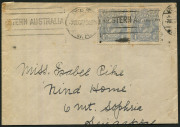 Australia: Postal History: 1922 (Dec.7) cover to Singapore with KGV Cooke 4d Blue pair tied PERTH slogan cancel, cover slightly reduced at base. Very scarce multiple on commercially used cover.&nbsp;