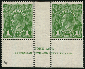 Australia: KGV Heads - Small Multiple Watermark Perf 14: 1924-37 KGV Small Multi. Perf.14, 1d Green, John Ash 'N' over 'A' imprint pair with variety "White flaw in right frame opposite emu's feet" [VI/55], mounted in central gutter only, stamps MUH, BW:80