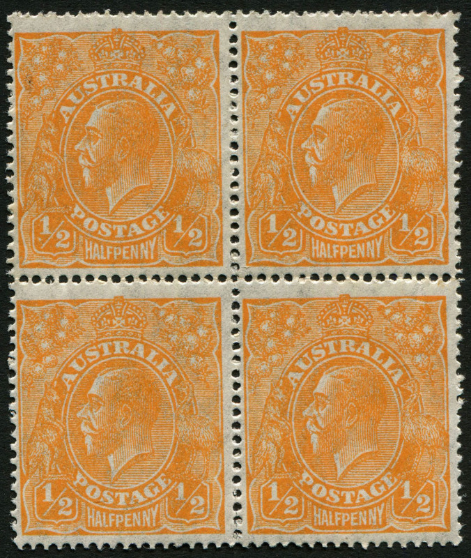 Australia: KGV Heads - Small Multiple Watermark Perf 14: ½d Orange block of 4 on TRANSLUCENT PAPER, upper-left unit with variety "Dot below '1' in left value tablet" [9L33], fine MUH, BW:67(9)g - Cat $150+++.