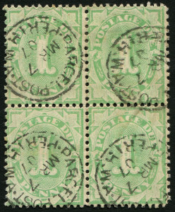 Australia: Australia: Postage Dues: 1902-04 Completed Design 1d Perf. 11½-12x11, block of 4, lower-left unit with variety "White flaw to right of 'Y' of 'PENNY'", each unit cancelled with PARCEL POST/PERTH 'MR7/07' datestamp, BW: D16e.