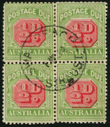 Australia: Australia: Postage Dues 1913-21 (SG.D76) Wmk Crown over Double-Lined 'A' (thin paper) ½d Single-line Perf. 12.4, block of 4, with central SWAN REACH (SA) '1MR14' datestamp, BW:D93 - Cat $100+.