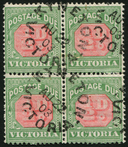 VICTORIA - Postage Dues: Postage Dues ½d Rose-Red & Pale Green (BW: VD26) block of 4 with unframed KYNETON 'AU22/03' datestamp cancels. Very fine multiple.