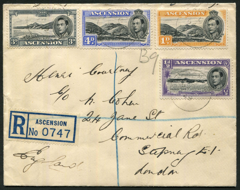 ASCENSION: 1949 registered use of Union-Castle Line envelope to London with ½d, 1d black & yellow-orange, 3d black & grey & 4d Pictorials tied by ASCENSION datestamps, sent by passenger on board M.V. Llangibby Castle, which had been a troop ship during WW