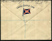 ASCENSION: 1949 registered use of Union-Castle Line envelope to London with ½d, 1d black & yellow-orange, 3d black & grey & 4d Pictorials tied by ASCENSION datestamps, sent by passenger on board M.V. Llangibby Castle, which had been a troop ship during WW - 2