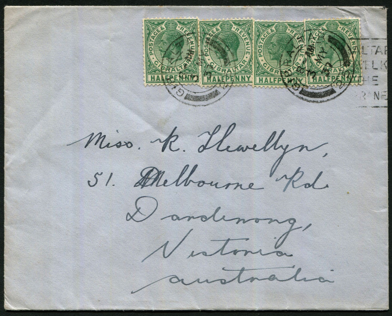 GIBRALTAR: 1937 (May 3) Orient Line cover to Australia with KGV ½d (4) tied by GIBRALTAR '3MY37' datestamps. 