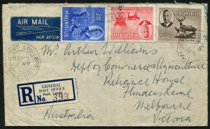 MAURITIUS: 1951 (May 7) registered airmail cover to Melbourne with KGVI Pictorials 1c to 2r50c (affixed front and back) tied by PORT LOUIS datestamps, opened on three sides. Colourful.