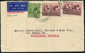 Australia: Postal History: 1935 (Apr.5) airmail cover to England with No Watermark 1/6d Hermes (2) plus KGV 1d Green, tied by SYDNEY datestamps, paying double-rate plus 1d Late Fee. 