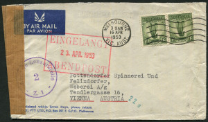 Australia: Postal History: 1953 (Apr.16) commercial cover to Austria with 1/- Lyrebird pair tied by Melbourne slogan cancel, Allied Zone censor handstamp in violet, Vienna arrival backstamp, recipient's dated "EINGELANGT/ABENDPOST" (arrived in evening mail) boxed handstamp in red.