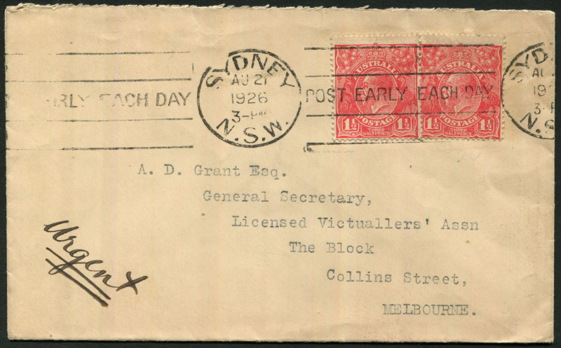 Australia: KGV Heads - Single Watermark: 1926 (Aug.21) late use of KGV Single Watermark 1½d Red (2), the left side stamp with "White flaw beneath the left-hand value shield" on cover to Melbourne endorsed "Urgent", adhesives tied by SYDNEY slogan cancel.