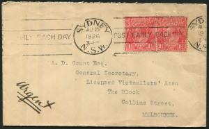 Australia: KGV Heads - Single Watermark: 1926 (Aug.21) late use of KGV Single Watermark 1½d Red (2), the left side stamp with "White flaw beneath the left-hand value shield" on cover to Melbourne endorsed "Urgent", adhesives tied by SYDNEY slogan cancel.