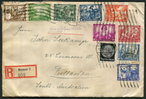 GERMANY: 1933 (Dec.13) registered cover from Bremen to Fullarton, South Australia, with 1933 Welfare Fund set (Mi.499-507) plus 1pf Hindenburg tied by Bremen datestamps. Arrival backstamp. Stamps Cat. ‚¬550+ on cover.