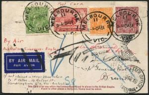 Australia: Postal History: 1934 (Dec 2) KGV 1½d Brown postal card uprated for airmail delivery to Brunei with 2d Macarthur, KGV ½d Orange & 1d Green & tied by MELBOURNE datestamps, SINGAPORE transit & BRUNEI arrival datestamp, card unclaimed and returned 