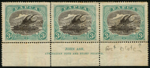 PAPUA: 1916-31 (SG.98c) 3d Lakatoi, Ash imprint strip of 3, right side unit with "Flaw on right side '3'", some tone spots & general toning, MVLH.