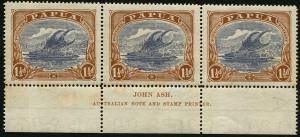 PAPUA: 1916-31 (SG.95c) 1½d Lakatoi Ash imprint strip of 3, left unit with variety "Short bar on 'T' of 'POSTAGE' at right", some toning at base, MUH.